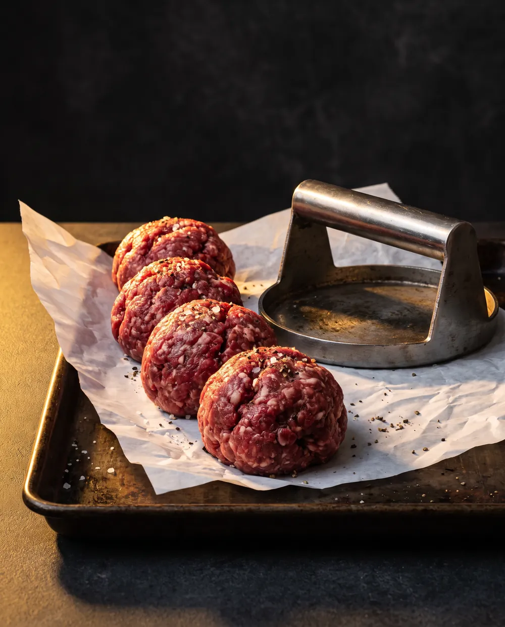 Des boules de bœuf haché frais alignées sur du papier de boucher, à côté de la presse
