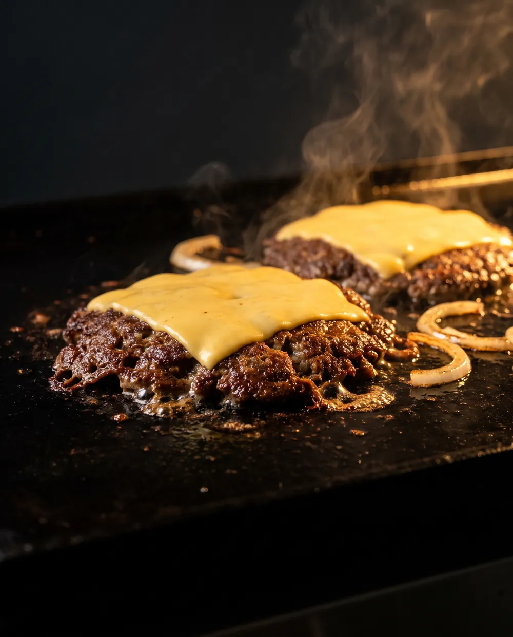 Deux steaks smashés à la croûte dorée, le cheddar fond sur la plancha