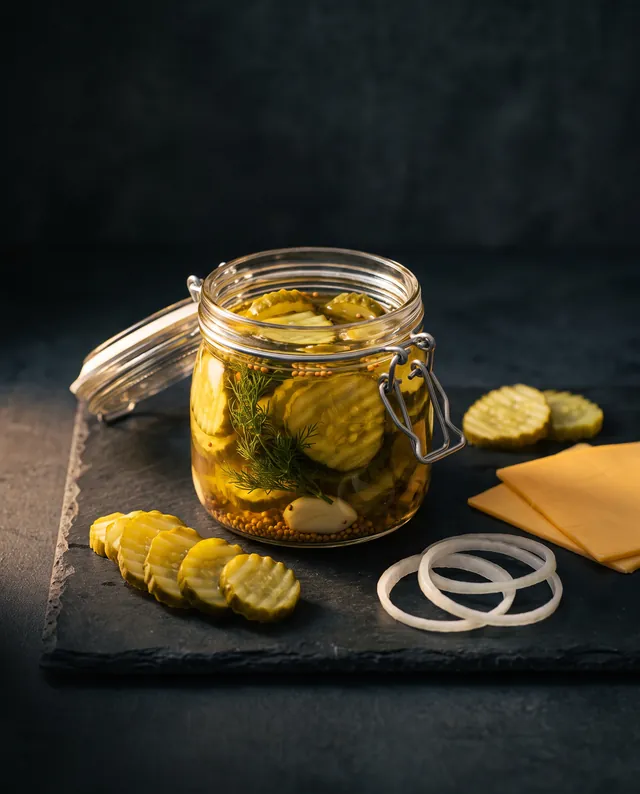 Un bocal de pickles maison à l'aneth, des tranches de cheddar et d'oignon
